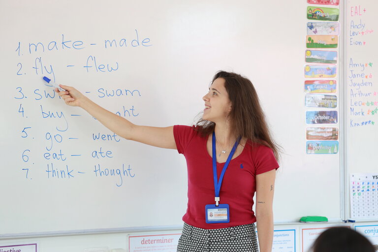 teacher pointing the whiteboard