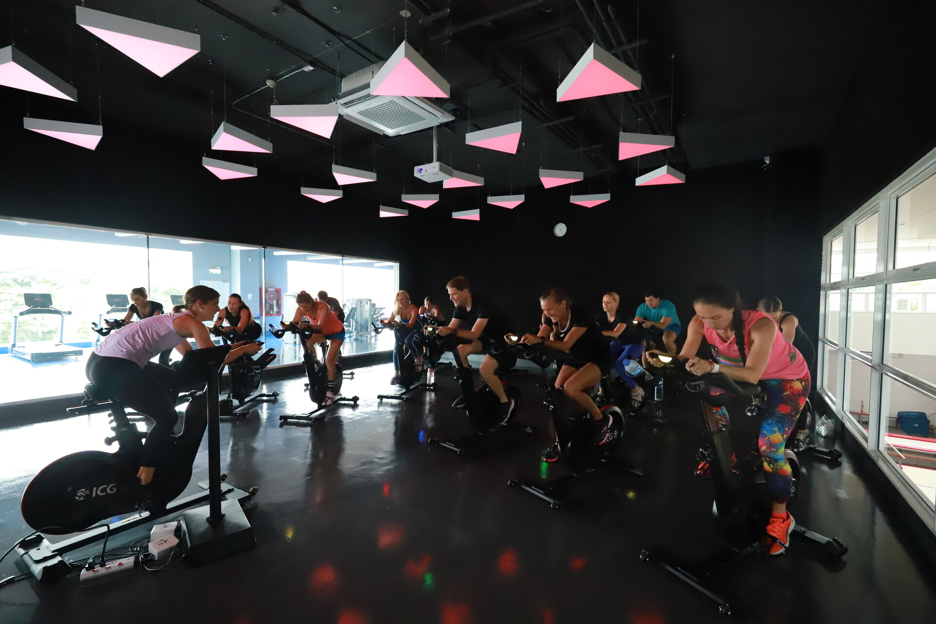 students doing exercise bike